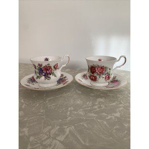 VTG Royal Dover Fine Bone China Flower Design Teacup & Saucer England Lot 2 Set